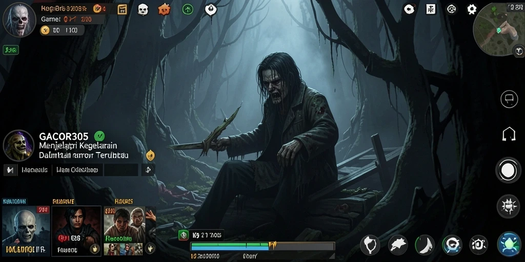 Screenshot gameplay GACOR305 menampilkan suasana mencekam dan karakter sedang menjelajahi tempat angker.