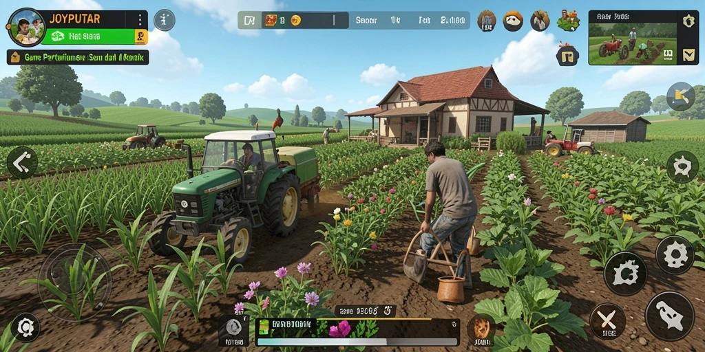 Tampilan gameplay JOYPUTAR dengan aktivitas bertani yang seru.