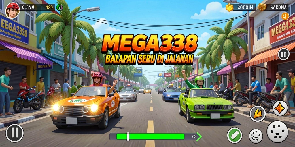 Screenshot gameplay MEGA338 menampilkan aksi balap yang mendebarkan.