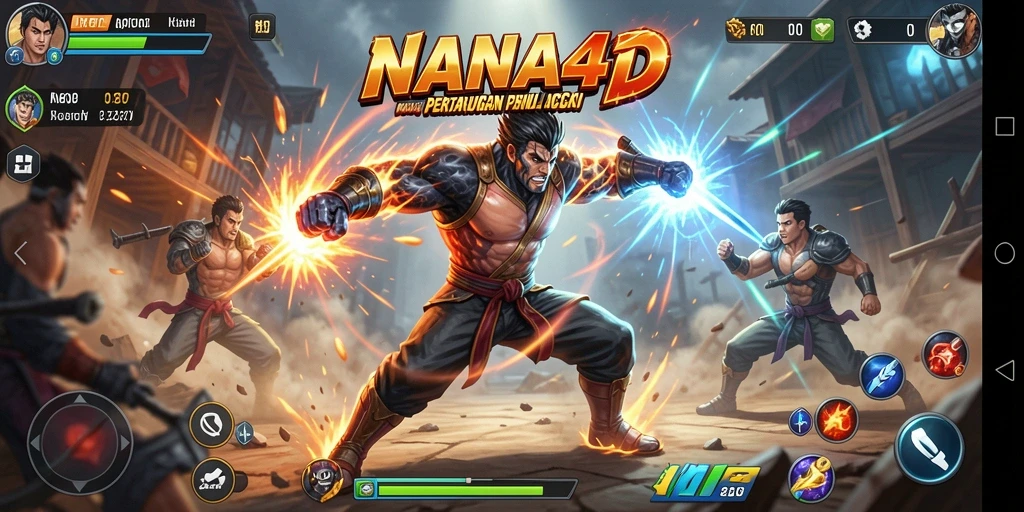 Screenshot NANA4D menampilkan karakter bertarung dalam pertempuran penuh aksi.