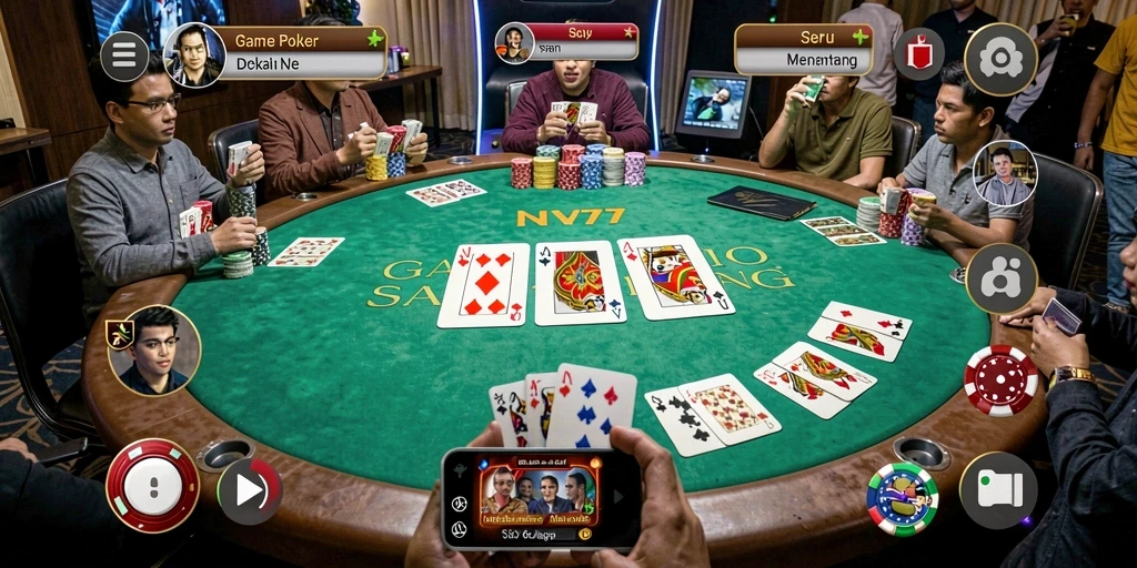 Tampilan menarik dari permainan poker di NV77 dengan suasana kasino.