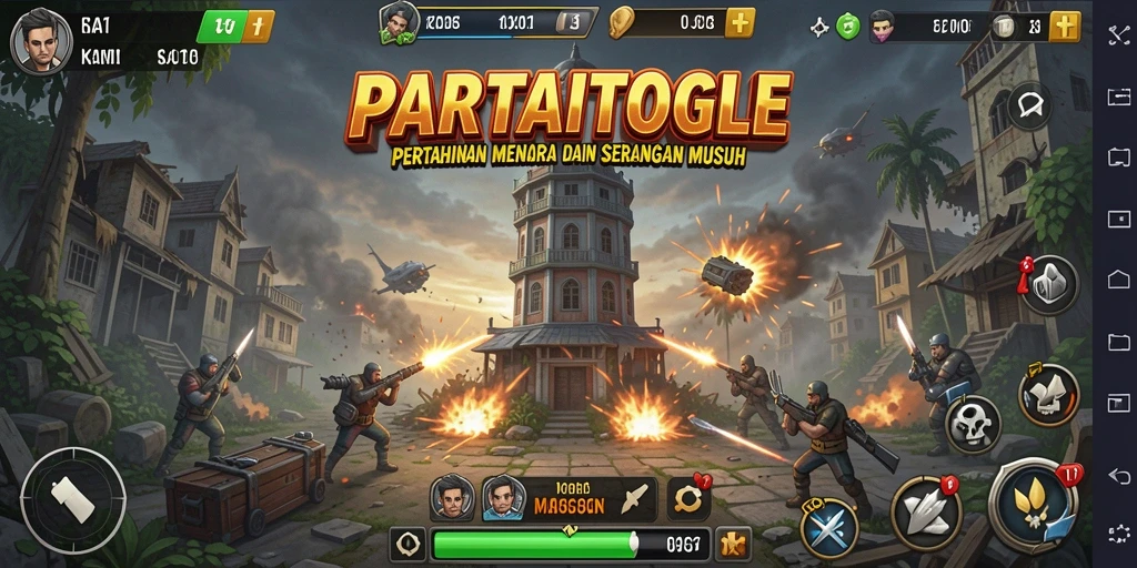 Tangkapan layar gameplay PARTAITOGEL menampilkan aksi menara strategis melawan musuh.