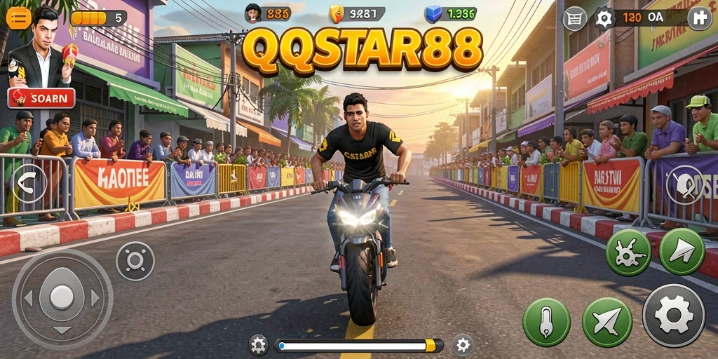 Screenshot gameplay QQSTAR88 menunjukkan balapan seru di trek menantang.