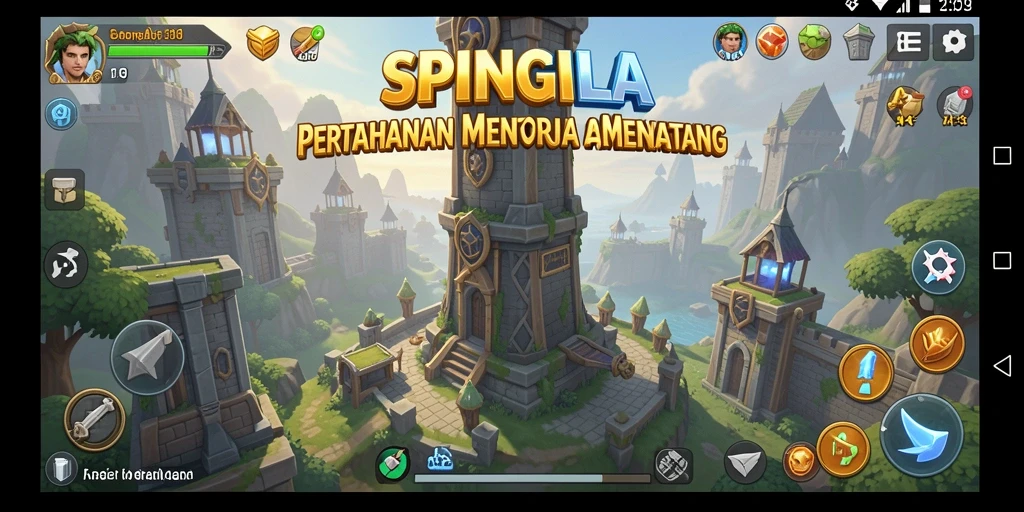 Screenshot gameplay SPINGILA menampilkan menara dan musuh dalam pertempuran Tower Defense.