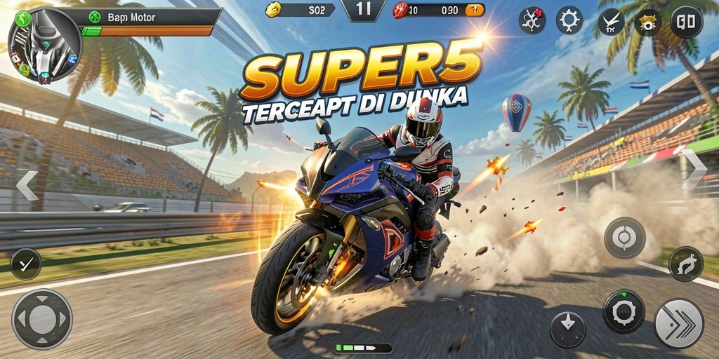Screenshot gameplay SUPER5 dengan aksi balapan motor yang mendebarkan.