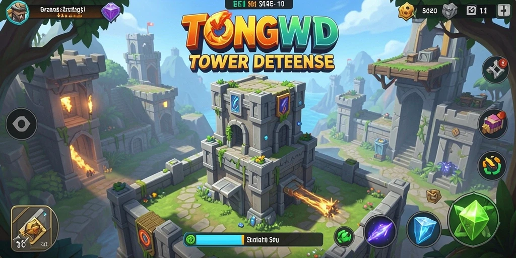 Screenshot utama TONGWD menampilkan aksi seru pertahanan tower.